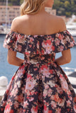 Black Pink Flower A Line Off the Shoulder Short Homecoming Dress