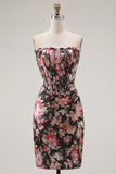Black Pink Flower Strapless Ruched Tight Short Corset Homecoming Dress
