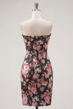 Black Pink Flower Strapless Ruched Tight Short Corset Homecoming Dress