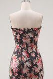Black Pink Flower Strapless Ruched Tight Short Corset Homecoming Dress