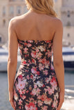 Black Pink Flower Strapless Ruched Tight Short Corset Homecoming Dress