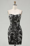 Sparkly Black Ruched Floral Tight Short Strapless Homecoming Dress with Sequins