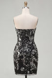 Sparkly Black Ruched Floral Tight Short Strapless Homecoming Dress with Sequins