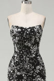 Sparkly Black Ruched Floral Tight Short Strapless Homecoming Dress with Sequins