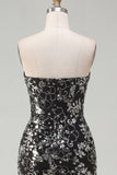 Sparkly Black Ruched Floral Tight Short Strapless Homecoming Dress with Sequins