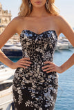 Sparkly Black Ruched Floral Tight Short Strapless Homecoming Dress with Sequins