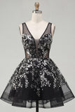 Floral Sparkly Black Sequin A Line Short Homecoming Dress