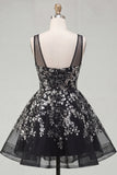 Floral Sparkly Black Sequin A Line Short Homecoming Dress