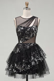 Floral Sparkly Black Keyhole A Line Sequin Short Homecoming Dress