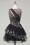 Floral Sparkly Black Keyhole A Line Sequin Short Homecoming Dress