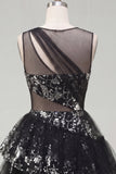 Floral Sparkly Black Keyhole A Line Sequin Short Homecoming Dress
