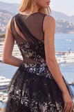Floral Sparkly Black Keyhole A Line Sequin Short Homecoming Dress