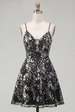 Sparkly Black Spaghetti Straps Floral Short Sequin A Line Homecoming Dress