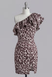 Coffee One Shoulder Ruffles Leopard Print Tight Short Homecoming Dress with Slit