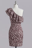 Coffee One Shoulder Ruffles Leopard Print Tight Short Homecoming Dress with Slit