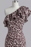 Coffee One Shoulder Ruffles Leopard Print Tight Short Homecoming Dress with Slit
