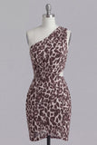 Coffee Leopard Print One Shoulder Cut Out Ruched Tight Short Homecoming Dress