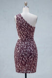 Coffee Leopard Print One Shoulder Cut Out Ruched Tight Short Homecoming Dress