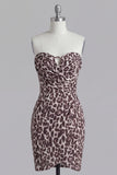 Coffee Strapless Ruched Tight Leopard Print Short Homecoming Dress