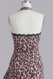 Coffee Halter Leopard Print Short Tight Homecoming Dress with Lace