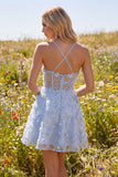 Sparkly Blue Spaghetti Straps Floral Sequin A Line Short Corset Homecoming Dress