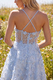 Sparkly Blue Spaghetti Straps Floral Sequin A Line Short Corset Homecoming Dress