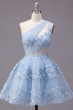 Floral Sparkly Blue Sequin A Line Keyhole Corset Short Homecoming Dress with Ruffles