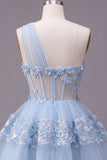 Floral Sparkly Blue Sequin A Line Keyhole Corset Short Homecoming Dress with Ruffles
