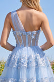 Floral Sparkly Blue Sequin A Line Keyhole Corset Short Homecoming Dress with Ruffles