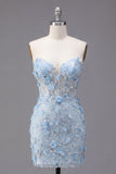 Floral Sparkly Blue Corset Tight Short Strapless Homecoming Dress with Beading