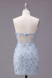 Floral Sparkly Blue Corset Tight Short Strapless Homecoming Dress with Beading