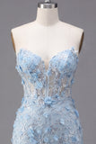 Floral Sparkly Blue Corset Tight Short Strapless Homecoming Dress with Beading