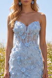 Floral Sparkly Blue Corset Tight Short Strapless Homecoming Dress with Beading