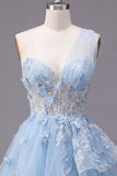 Sparkly Blue Beaded Corset Floral A Line Short Homecoming Dress with Ruffles