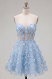 Sparkly Blue A Line Floral Corset Short Strapless Homecoming Dress with Beading