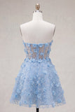 Sparkly Blue A Line Floral Corset Short Strapless Homecoming Dress with Beading