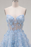Sparkly Blue A Line Floral Corset Short Strapless Homecoming Dress with Beading