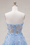 Sparkly Blue A Line Floral Corset Short Strapless Homecoming Dress with Beading