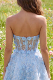 Sparkly Blue A Line Floral Corset Short Strapless Homecoming Dress with Beading