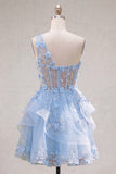 Sparkly Blue Keyhole Beaded Short Corset Floral A Line Homecoming Dress with Ruffles