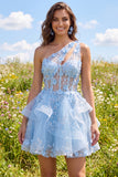 Sparkly Blue Keyhole Beaded Short Corset Floral A Line Homecoming Dress with Ruffles