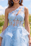 Sparkly Blue Keyhole Beaded Short Corset Floral A Line Homecoming Dress with Ruffles