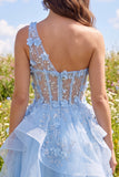 Sparkly Blue Keyhole Beaded Short Corset Floral A Line Homecoming Dress with Ruffles