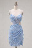 Floral Sparkly Blue Cut Out Tight Corset Short Beaded Homecoming Dress with Slit
