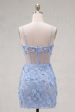 Floral Sparkly Blue Cut Out Tight Corset Short Beaded Homecoming Dress with Slit