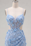 Floral Sparkly Blue Cut Out Tight Corset Short Beaded Homecoming Dress with Slit