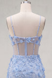 Floral Sparkly Blue Cut Out Tight Corset Short Beaded Homecoming Dress with Slit