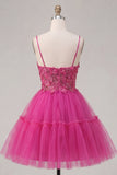 Sparkly Fuchsia A Line Floral Beaded Short Corset Spaghetti Straps Homecoming Dress