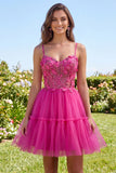 Sparkly Fuchsia A Line Floral Beaded Short Corset Spaghetti Straps Homecoming Dress
