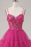 Sparkly Fuchsia A Line Floral Beaded Short Corset Spaghetti Straps Homecoming Dress